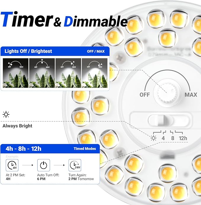 Barrina Orbgrow OG11A Grow Light Bulbs for Indoor Plants, Integrated Dimming & Timing, 5000K 22W(2 x 11W, 200 Watt Equiv), E26 Plant Light Bulb, Full Spectrum for Seeds and Greens, 2 Packs, Black