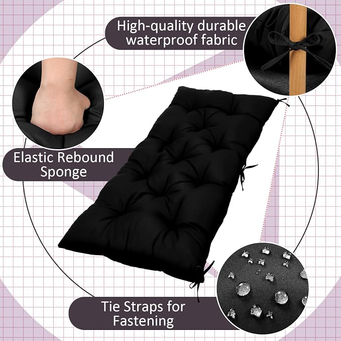 Wenqik Outdoor Bench Cushion 48 x 20 x 3 Inch Waterproof Patio Swing Cushion with Removable Zippered Cover Adjustable Ties Seat Pad for Porch Bench Garden Loveseat (Black,Classic)