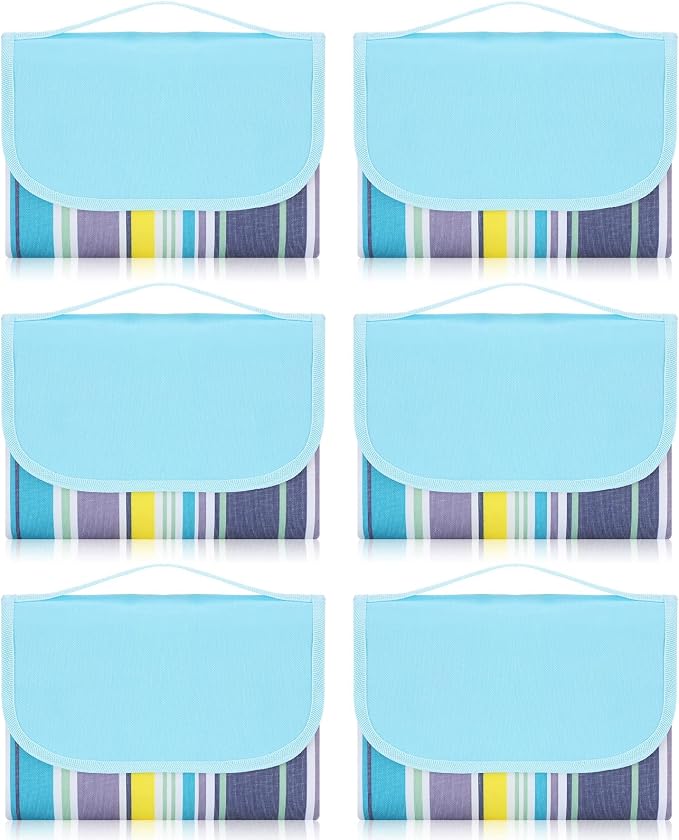 Shellwei 6 Pcs Beach Blankets Waterproof Sandproof Extra Large 80 x 60 Inch Outdoor Picnic Blankets Foldable Portable Beach Mat Tote Travel Supplies for Camping Park Grass(Blue Stripes)