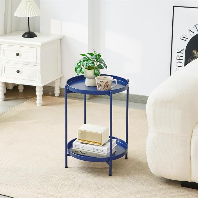 2-Tier Round End Side Table, Small Metal Side Table with Removable Tray, Folding Accent Tables for Living Room, Balcony, Nightstand for Bedroom, Outdoor Tables for Patio, Navy Blue