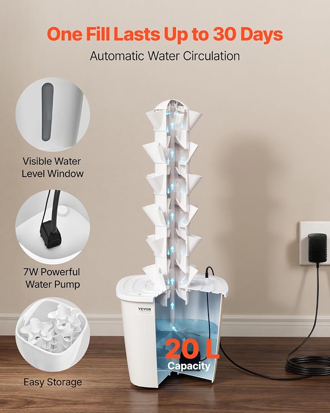 VEVOR Hydroponic Tower, 30 Pods 6 Tiers Hydroponics Growing System Kit with App Control, Vertical Home Garden with 20L Water Tank & Pump, Planter Germination Kit for Indoor Herbs, Fruits, Vegetables