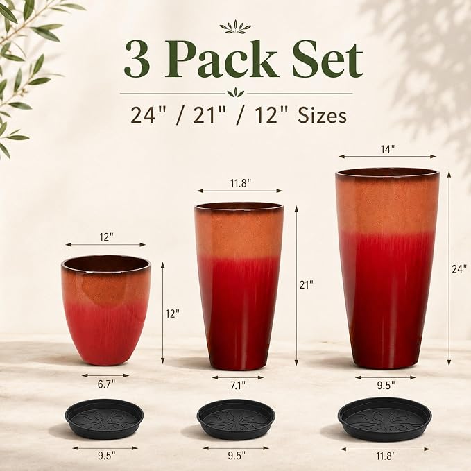 Neoaider Set of 3 Tall Planter, 24/21/12in Large Plastic Planter, Firey Red | Ceramic-Look, Lightweight, Built-in Drain Hole, Saucers, Tall Outdoor Planter for Porch, Garden, Patio, Balcony