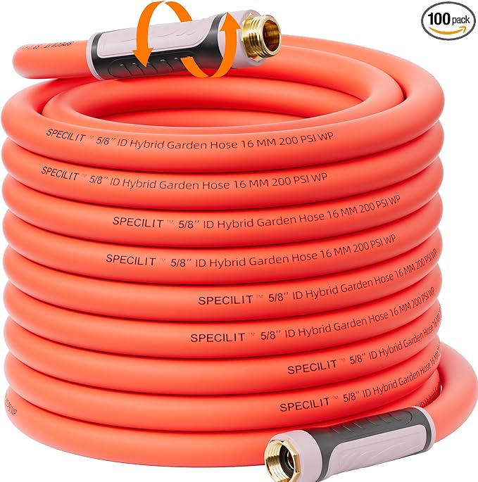 SPECILITE Garden Hose 100 ft x 5/8" Heavy Duty Premium Flexible Water Hose, with 360° Rotating Grip, No Kink, Leakproof, Lightweight, Burst 600 psi Hybrid Rubber Hoses for Reel, Outdoor, Yard