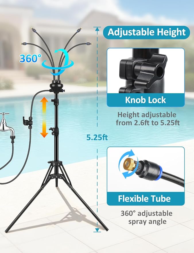 Standing Misters for Outside Patio, Adjustable Height 5.25FT Misting System for Cooling Outdoor, Portable Water Mister with 26.5FT Misting Line for Garden, Backyard,BBQ Party Pool Water Playing