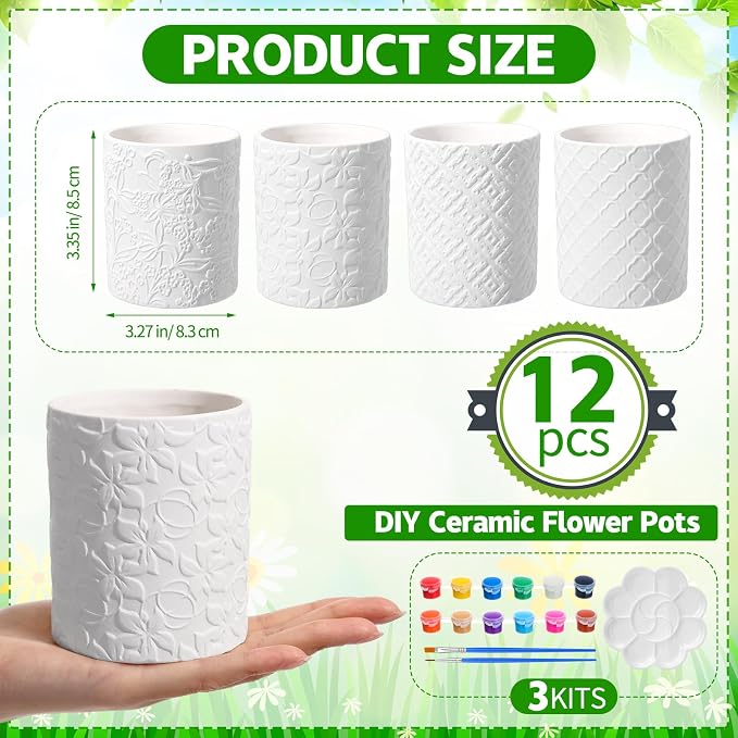 Zubebe 12 Pcs Paint Your Own Ceramic Pots Bulk Unfinished Succulent Pots Craft Kit with Drainage Hole Mini Paintable Plant Vase Ready to Paint Planter for Cactus DIY Craft (Classic)