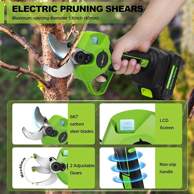Cordless Electric Pruning Shears, 1.6-Inch Cutting Diameter Battery Powered Pruner with LCD Display, 900W Brushless Motor, 2 x 2.0Ah Batteries for Garden Branch Cutting