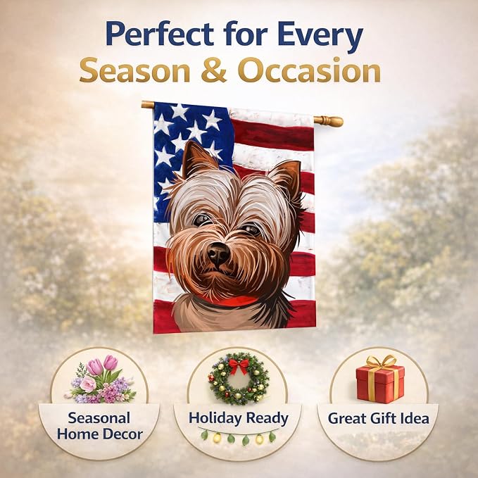 Caroline's Treasures CK6760CHF Yorkshire Terrier American Flag House Flag Large Porch Sleeve Pole Decorative Outside Yard Banner Artwork Wall Hanging, Polyester, House Size, Multicolor