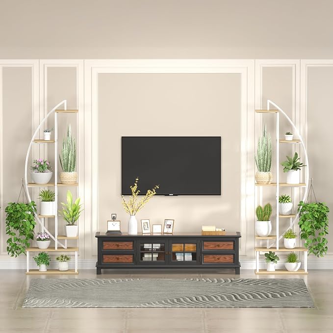 Plant Stand Shelf Indoor with 6 Grow Light, 7 Tiered 65" Tall White Large Half Moon Lighted Plant Rack Holder, 2 Pack Big High Circular Arch Multi Herb Stand with Built in LED Grow Light Set