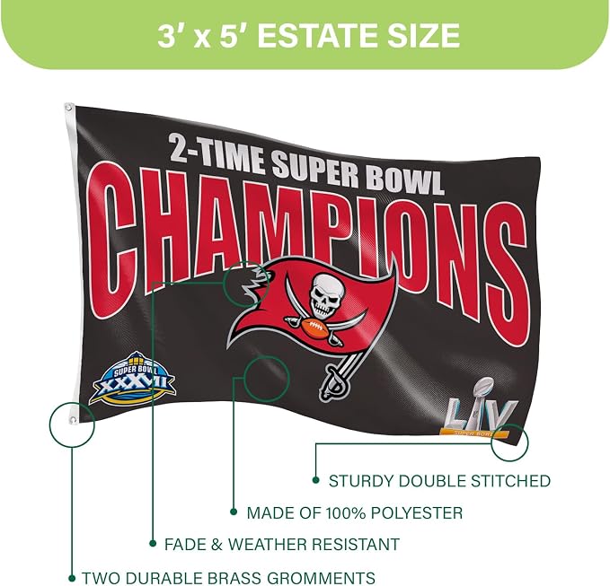 Team Sports America NFL Tampa Bay Buccaneers Multi-Win Superbowl Champions 3x5 Flag for Outside with Grommets | Outdoor & Indoor | Heavy Duty Flag & Banner | Works with Flag Pole for Outside House