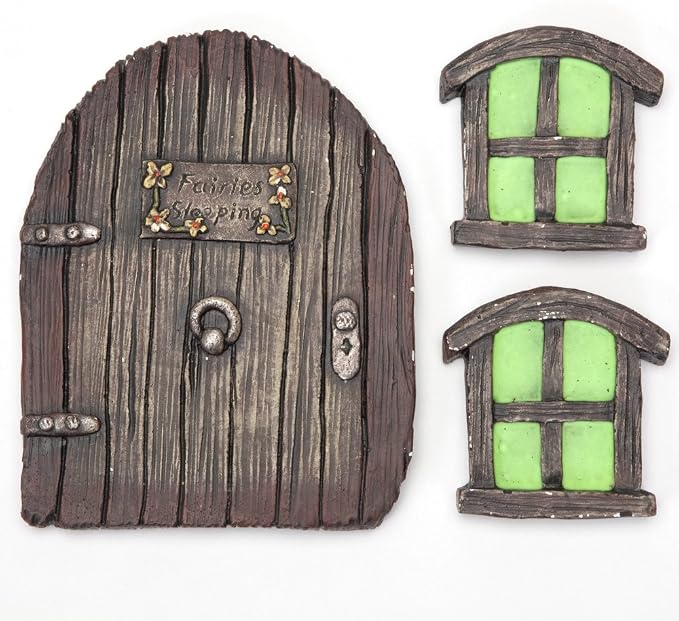 Bits and Pieces - Miniature Fairy Garden Glow in The Dark Fairies Sleeping Door and Windows Tree Statues - Tree Hugger Yard and Garden Sculptures Fairy Garden Mystical Gnome Home