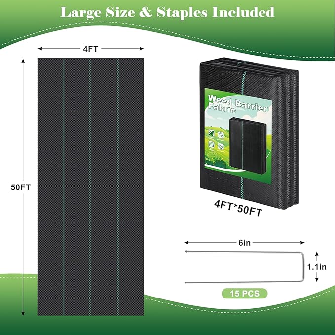 FEED GARDEN 4FT x 50FT Heavy Duty Weed Barrier Fabric, Landscape Fabric Ground Cover for Garden Beds, Raised Beds, Mulch & Gravel Paths, Woven Geotextile Weed Blocker with 15 Garden Staples