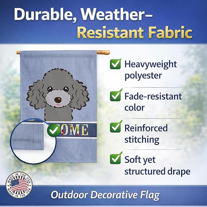 Caroline's Treasures BB1445CHF Silver Gray Poodle Welcome House Flag, Blue Large Porch Sleeve Pole Decorative Outside Yard Banner Artwork Wall Hanging, Polyester, House Size, Multicolor
