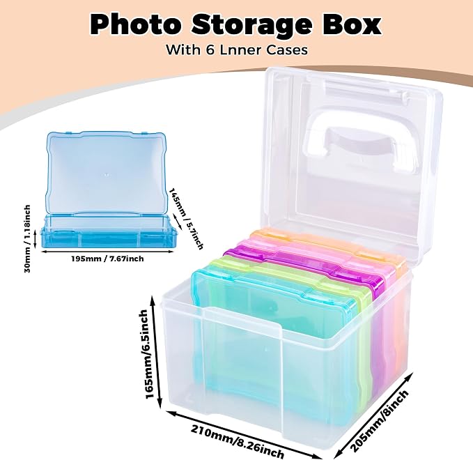 5×7 Photo Storage Box With Handle,Plastic photo keeper With 6 inner 5×7inch photo cases,Card Organzier Craft Storage box for pictures,stamps,seeds (Colorful With Handle)