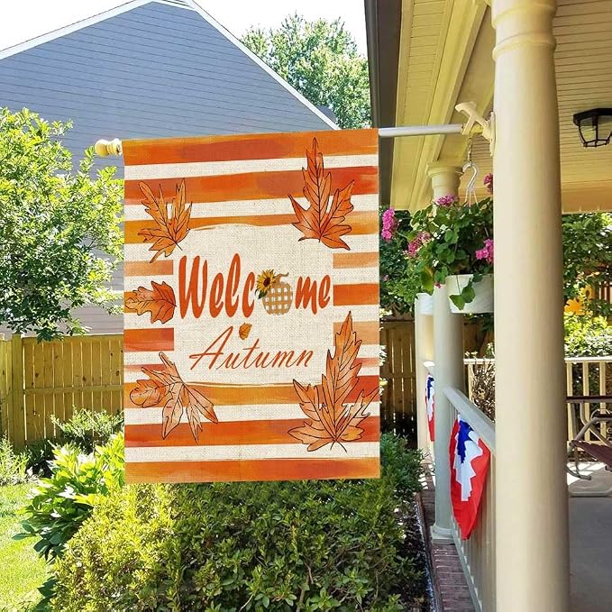 EMMTEEY Welcome Garden Flag Fall Leaf 28X40 Double-Sided, Seasonal Yard Flags Welcome Autumn Large Burlap Garden Flags for Outside Front/Back Door