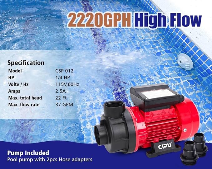 CIPU 1/4 HP Above Ground Pool Pump, 2220 GPH Pool Filter Pump Replacement with Hose Adapters, 115V Self-Priming Swimming Pool Pump for Sand Filter Systems and Frame Pools