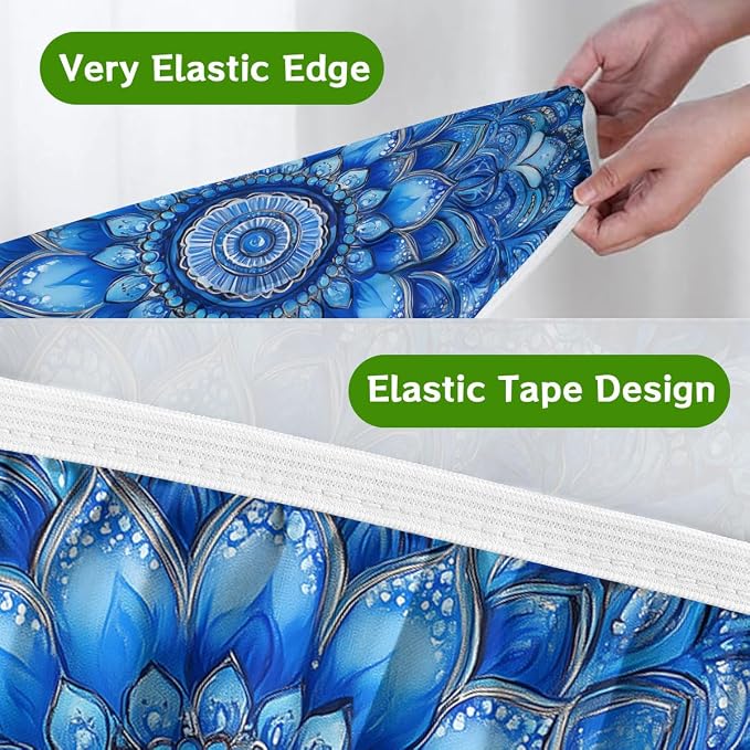 Blue Mandala Picnic Table Cover with Bench Covers and Carrying Bag, Vintage Boho Floral Rectangle Table Cover Outdoor Patio Camping Essentials 72 inch 4PCS Camping Fitted Tablecloth