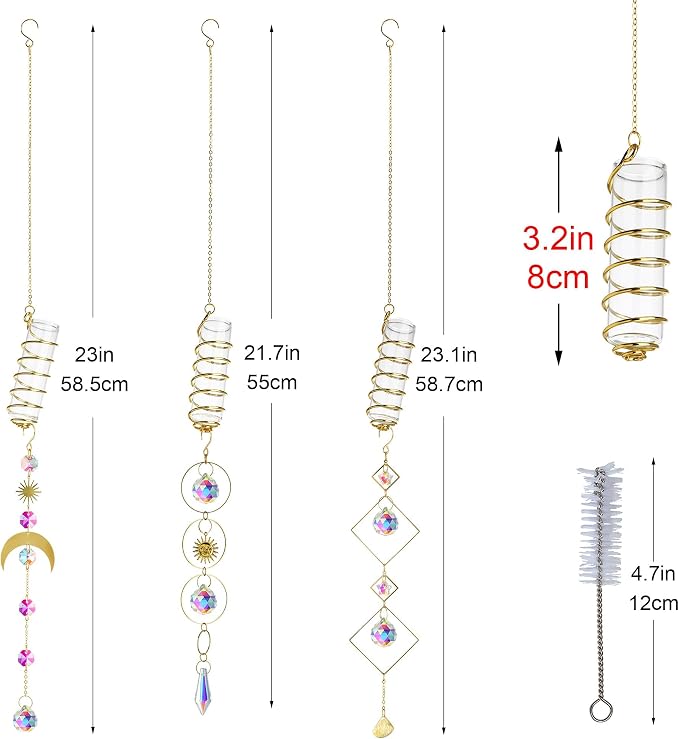 HDCRYSTALGIFTS 3pcs Crystal Suncatchers with Plant Propagation Tubes for Window Wall Hanging, Mini Flower Vase Glass Planter Stations for Hydroponics Home Garden Office Decoration Plant Lover Gift