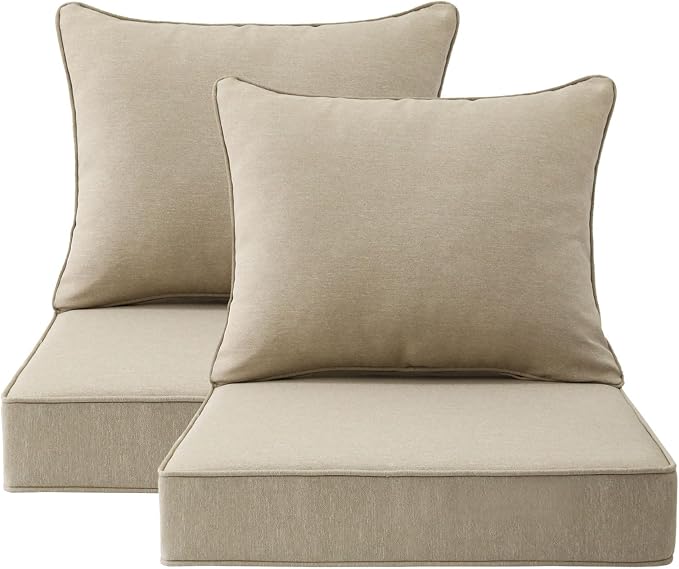 Unimatta Outdoor Patio Chair Cushions Set, 24" x 24", Set of 2, Water-Repellent, Fade Resistant, Deep Seat Bottom and Back Cushion for Backyard, Couch, Sofa and Patio Furniture, Tan