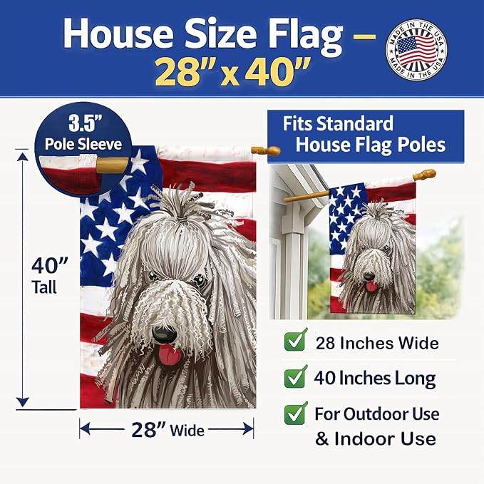 Caroline's Treasures CK6594CHF Komondor American Flag House Flag Large Porch Sleeve Pole Decorative Outside Yard Banner Artwork Wall Hanging, Polyester, House Size, Multicolor