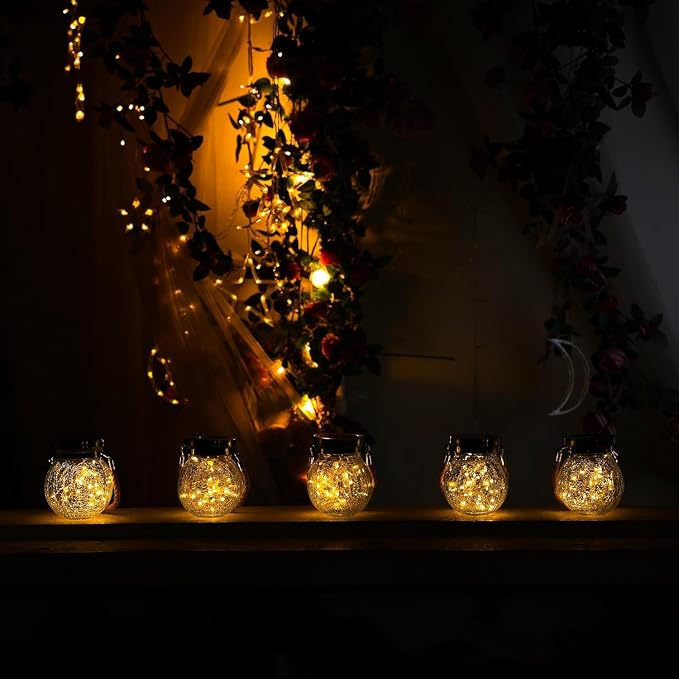 Cooo Christmas Gifts 4 Pack Solar Lanterns Outdoor Waterproof Heavy Crackle Glass 30 LED Warm Firefly Lights Stainless Steel Lid 215% Solar for Women Mom Grandma Outdoor Table Lamps Garden Yard Decor