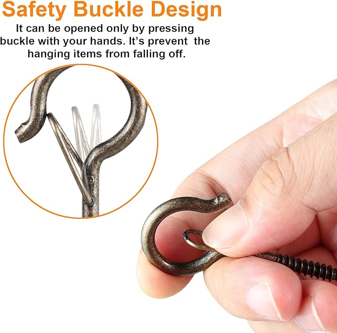 FSAH 50 Pack Screw-in Hooks for Outdoor String Lights, Q Hanger Hooks for Outside, Swivel Hanging Basket Patio Hook with Safe Buckle, Plant Eye Hook for Wall Ceiling with 1 Wing Nut Driver, Copper