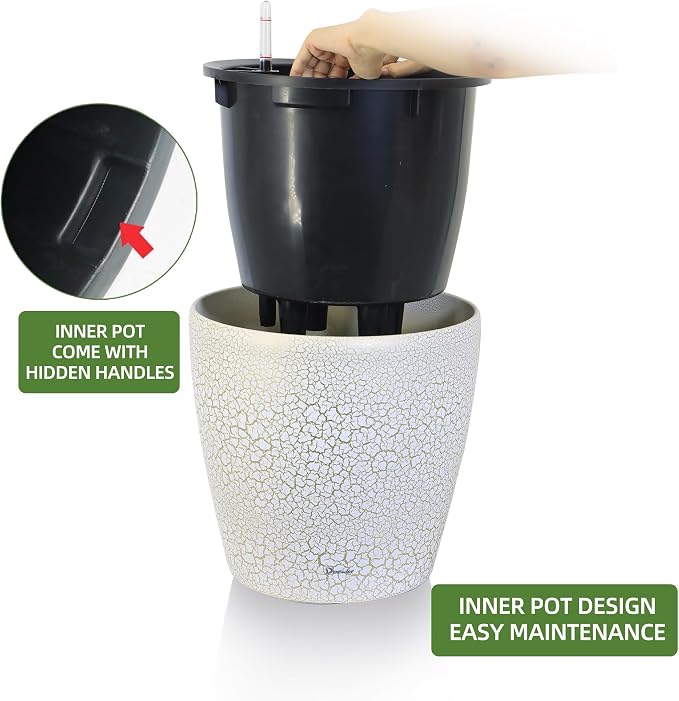 Dexceder 13x12 Self Watering Planter with Wheels (White Gold Crackle) | Inner Pot Design, Thickened Large Floor Standing Flower Plant Pot with Water Level Indicator Indoor Outdoor