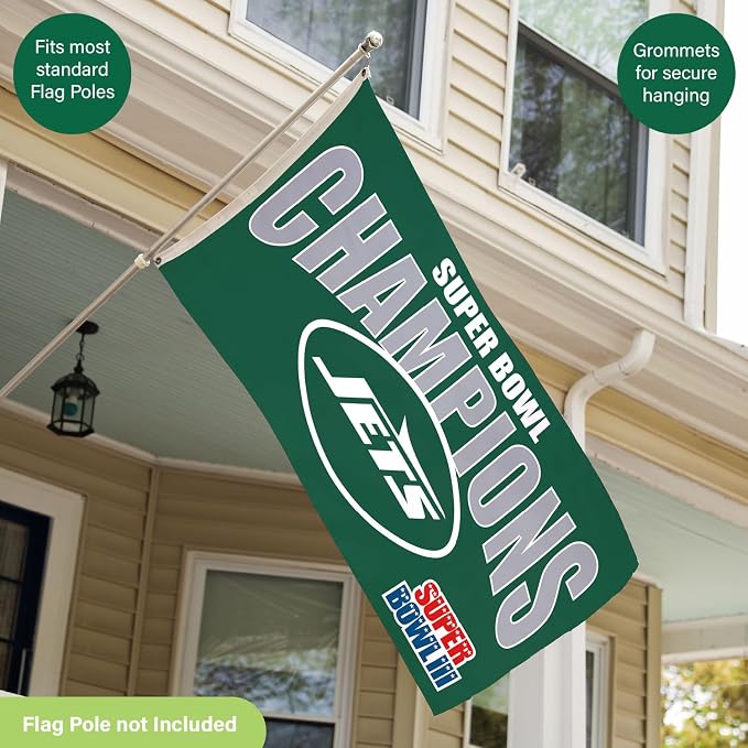 Team Sports America NFL New York Jets Multi-Win Superbowl Champions 3x5 Flag for Outside with Grommets | Outdoor & Indoor | Heavy Duty Flag & Banner | Works with Flag Pole for Outside House