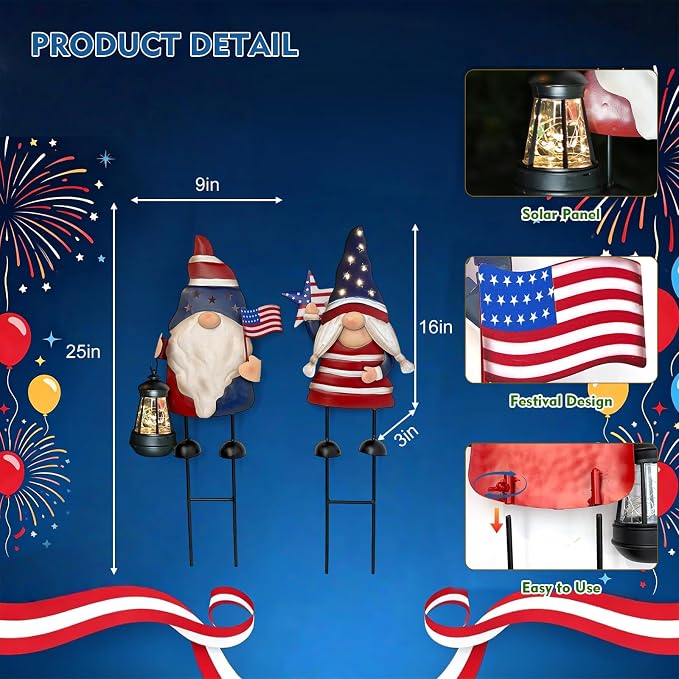 Solar Patriotic Gnomes Garden Stakes - 4th of July Decorations 25" American Flag Garden Gnomes Outdoor Decor for Outdoor & Memorial Day Yard Art 2 Pack