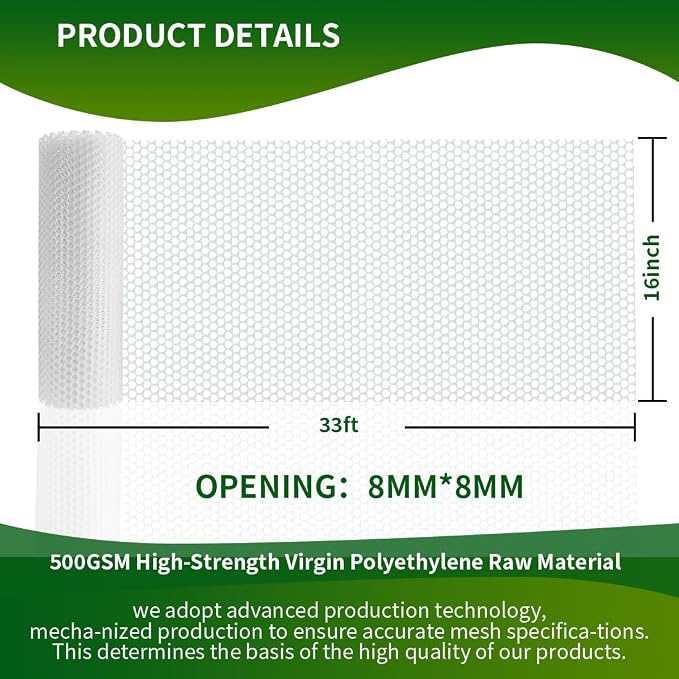 Plastic Chicken Wire Mesh Fence,Plastic Chicken Wire Roll 16in x 33ft,Garden Netting Fencing Barrier for Poultry, Animals, Pets and Balcony(White)