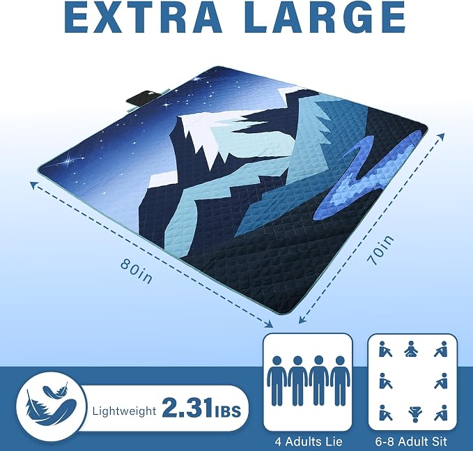 Tirrinia Picnic Blanket Waterproof, 70"x80" Extra Large Outdoor Blanket Waterproof, 3-Layer Foldable Picnic Mat with Sandproof Backing for Beach, Camping, Hiking, Park, Travel