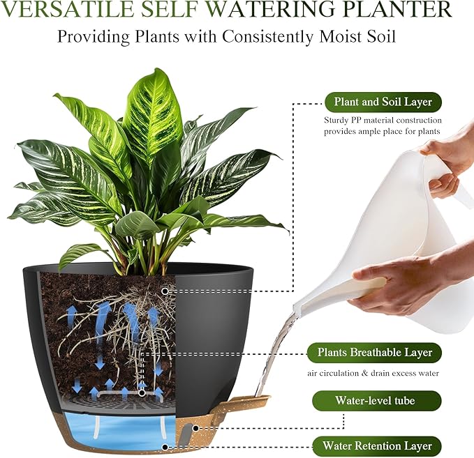 Plant Pots, 4 Pack 12/10/9/8 Inch Self Watering Pots with Drainage Holes, Water Level Indicator Deep Reservoir, Large Planters for Indoor Outdoor Plants - Black Brown
