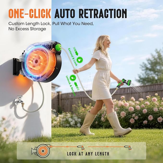 Retractable Garden Hose Reel 1/2" x 100ft, Wall Mounted Water Hose Reel with Auto Rewind, Any Length Lock, 180° Swivel Bracket & 9-Pattern Spray Nozzle, Heavy Duty Outdoor Hose Storage for Garden