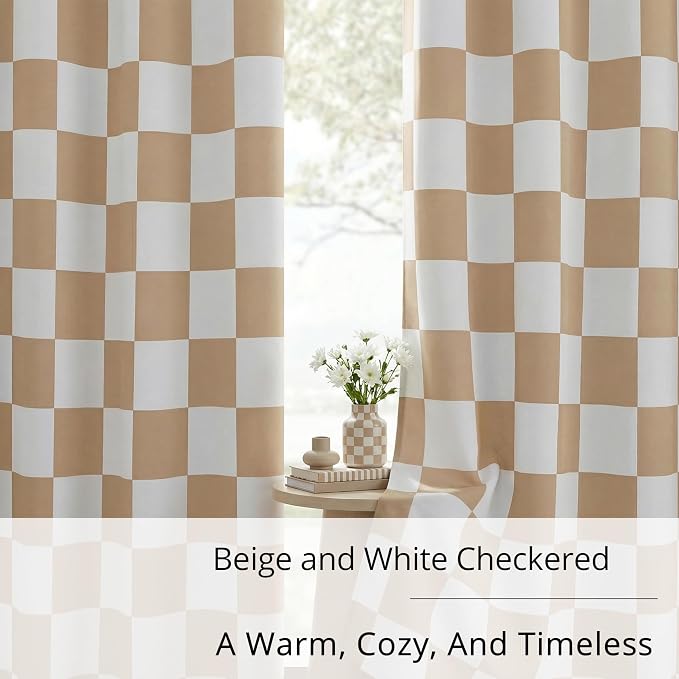 100% Blackout Checkered Curtains – 2 Panels, Each W52×L63, Thermal Insulated, Nosie Reducing for Bedroom, Modern Beige and White Checkerboard Design