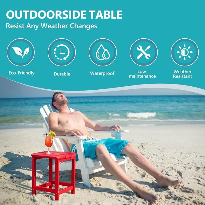 Plawdlik Adirondack Side Table, Wooden Textured,Hdpe Outdoor Weather Resistant Set for Patio, Garden, Porch, Pool, Backyard & Red