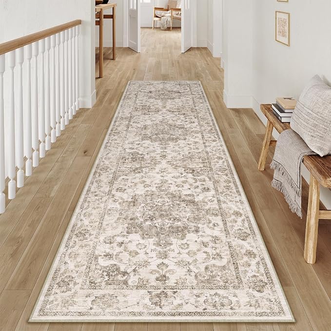 2x8 Brown Neutral Runner Rug | Washable, Non Slip, Soft Low Pile, Vintage Farmhouse, for Hallway Kitchen Laundry Bathroom Bedroom Living Room Home Decor