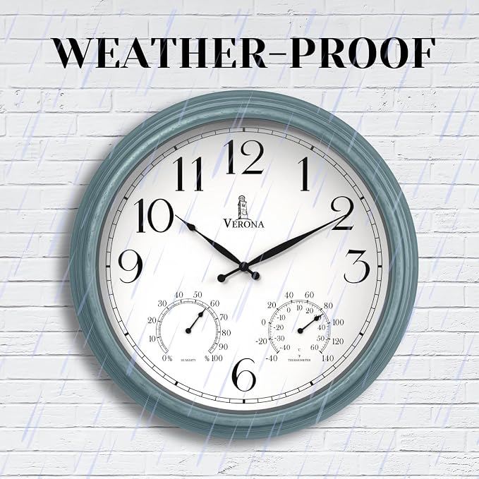 18 inch Outdoor Clocks for Patio Large Waterproof with Thermometer - Teal Blue Outdoor Clock with Temperature and Humidity for Wall - Weatherproof, Accurate & Easy to Read for Pool, Patio & Garden
