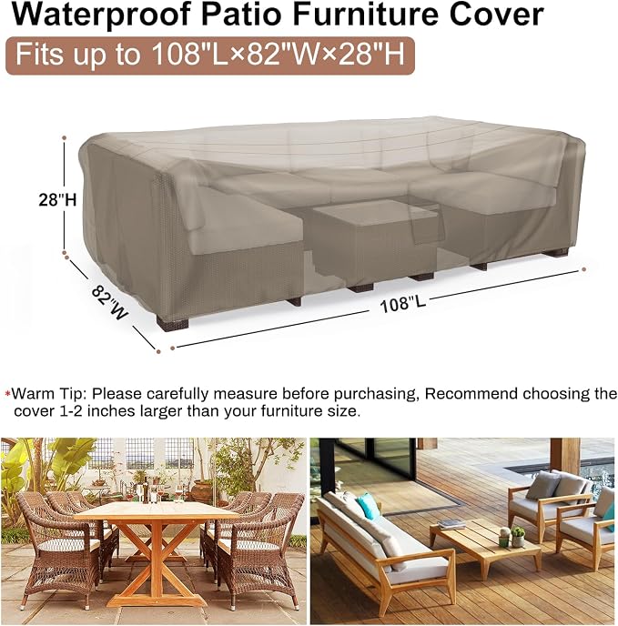 Mrrihand Heavy Duty Patio Furniture Covers, Outdoor Furniture Covers Waterproof Sectional Sofa Set, Patio Table and Chair Set Cover 108" L×82" W×28" H,Brown