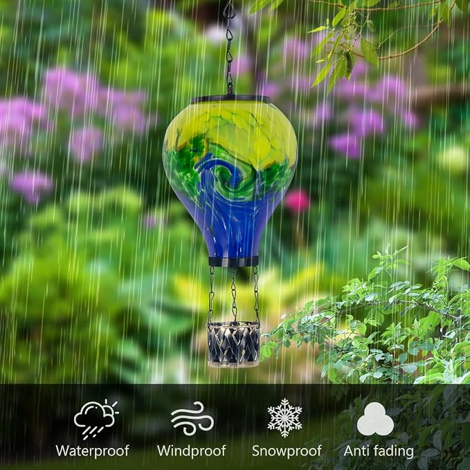 Solar Hot Air Balloon Lantern with Flame | Handmade Glass, Solar Lantern Waterproof, Decorative Lamp for Patio, Garden, Porch, Green & Blue