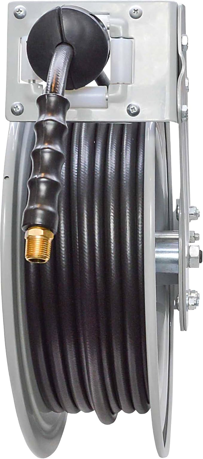 Klutch Auto-Rewind Air Hose Reel, with 3/8in. x 75ft. Rubber Hose, 300 PSI, Model# TLEXR3875-NT