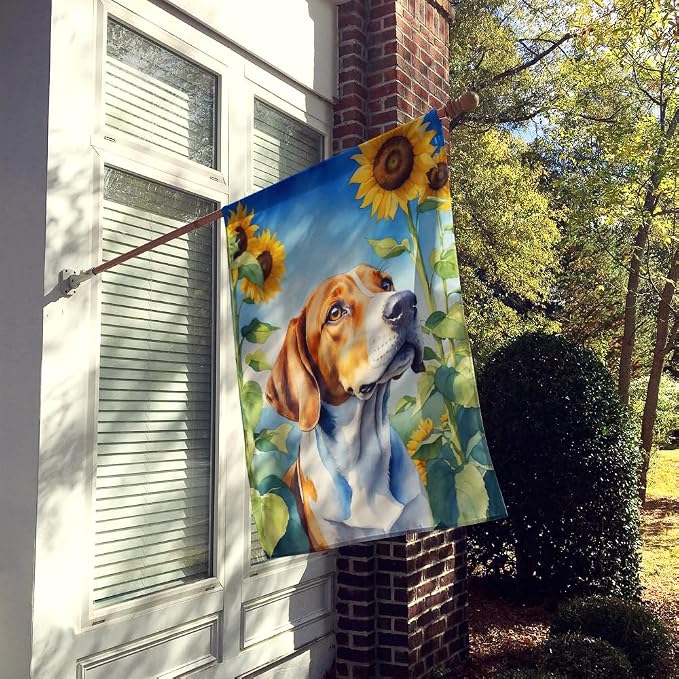 Caroline's Treasures DAC6074CHF English Foxhound in Sunflowers House Flag Large Porch Sleeve Pole Decorative Outside Yard Banner Artwork Wall Hanging, Polyester, House Size, Multicolor
