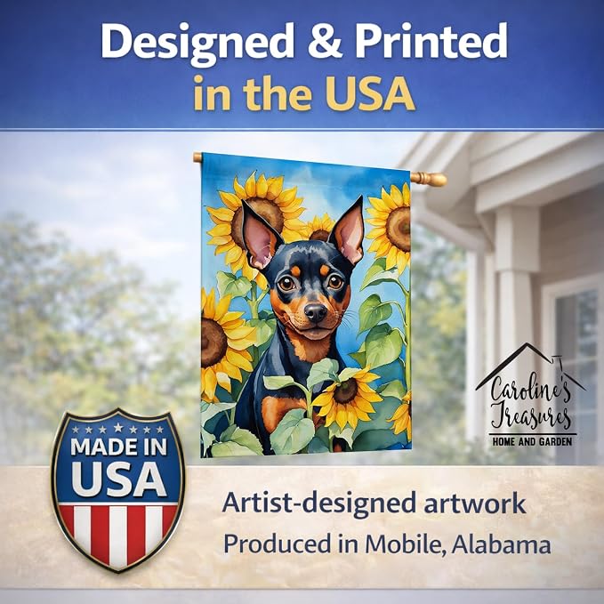 Caroline's Treasures DAC6121CHF Miniature Pinscher in Sunflowers House Flag Large Porch Sleeve Pole Decorative Outside Yard Banner Artwork Wall Hanging, Polyester, House Size, Multicolor
