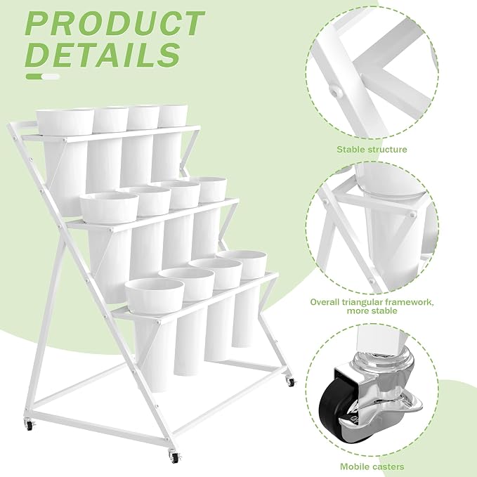 VGMiu Flower Display Stand with 12 Buckets, White Flower Cart with Wheels 3 Layers Metal Flower Bar Stand Moving Flower Stand Florist Bouquet Shelf for Weddings Party Ceremony Indoor Outdoor Garden