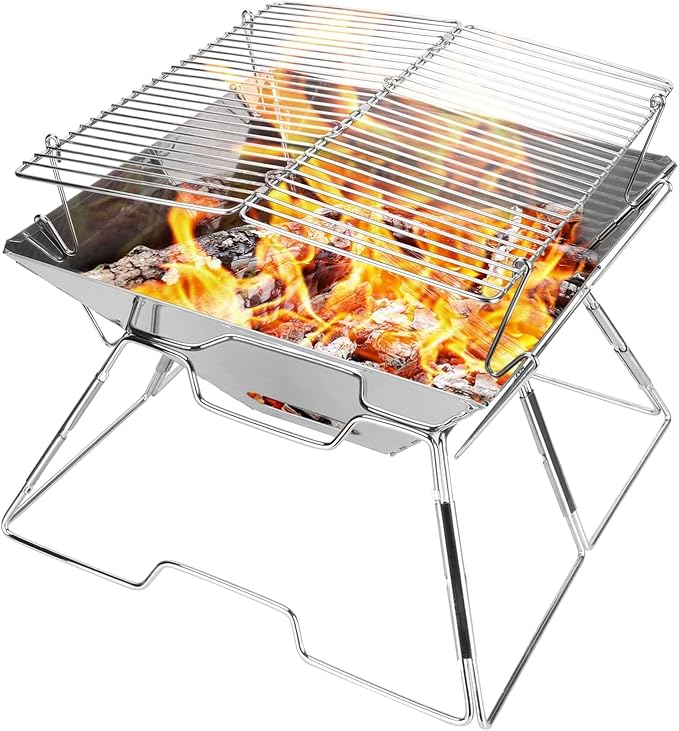 Odoland Folding Campfire Grill, 304 Stainless Steel Grate Barbeque Grill, Portable Camping Grill with Legs for Picnics, Backpacking, Outdoor with Carrying Bag and Kitchen Tongs