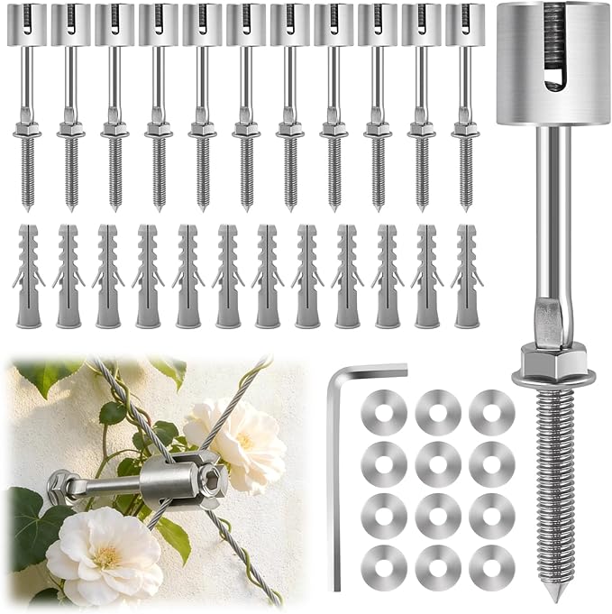 12PCS Wire Garden Trellis Kit, Kalolary T316 Stainless Steel Crosshead Standoffs for 5/64"-1/8" Wire Rope & Rods, Wall Wire Trellis System for Climbing Plants DIY Outdoor Garden Vine Flower Wall