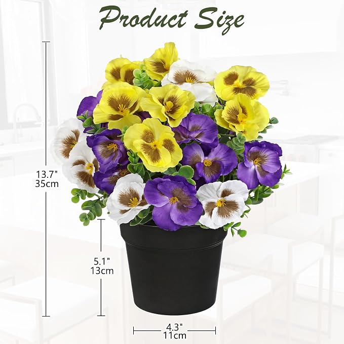 Briful Pansy Artificial Flowers, 13.7’’ Realistic Faux Pansy Flower in Black Pot, Fake Flowers for Indoor Outdoor Decor, Farmhouse Table Decor, All Seasons Flowers for Home Dining Porch Décor