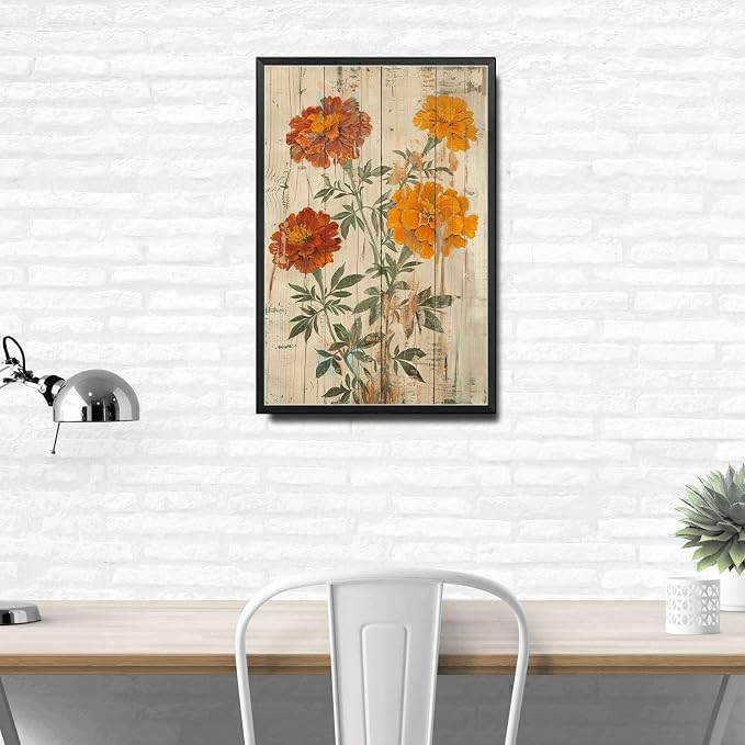 Metal Sign Tin Sign Vintage Shabby Chic Marigolds Tin Sign for Rustic Joy Antique Garden Symbolism and Distressed Wood Panels Inspirational Wall Art for Restaurant 8×12 Inches with Metal Frame