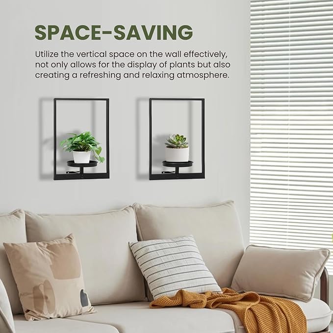 Wall Plant Holder Floating Shelves for Wall Set of 2, Wall Planters for Indoor Plants - Premium Metal Hanging Plant Holder for Indoor Outdoor Decor