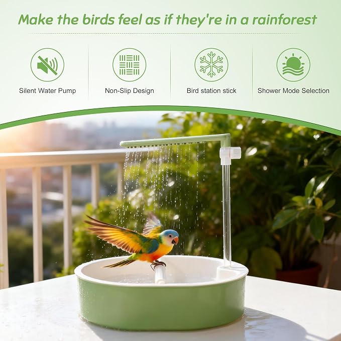 Automatic Parakeet Bird Bath, Easy-to-Use, Fountain Birdbath with USB, for Pet Birds, Cockatiel Lovebird, Green, 1 Set
