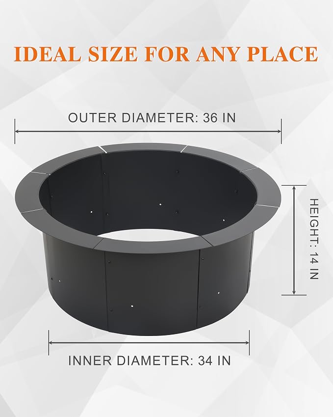 BPS 36 Inch Fire Pit Ring, Heavy Duty Metal Round Fire Pit for Outdoor DIY Wood Burning, Backyard, Camping, Patio Bonfire