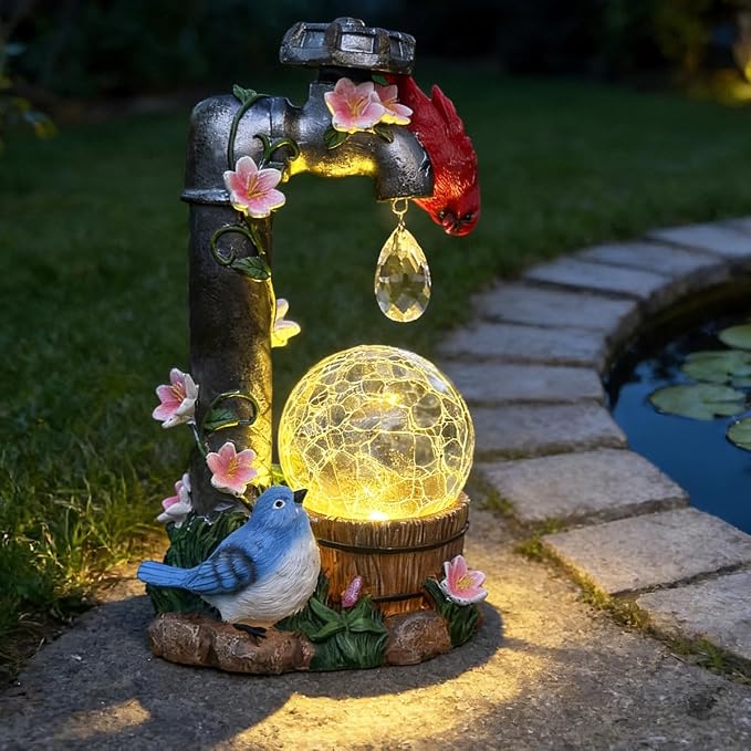 Solar Cardinal Garden Statue Decoration, Water Faucet and Solar Light Glass Ball, Outdoor Resin Garden Statue, Cardinal Gift, Women's Mother's Birthday Gift, Size 9.45 inches